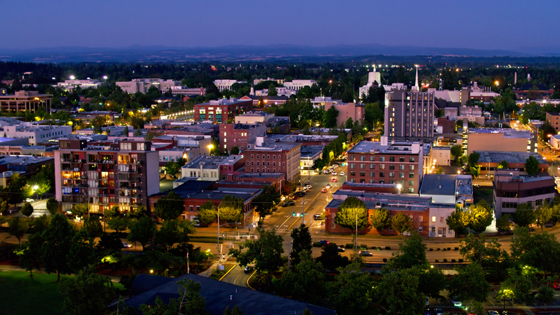 Drone Shot of Salem, Oregon at Night stock photo