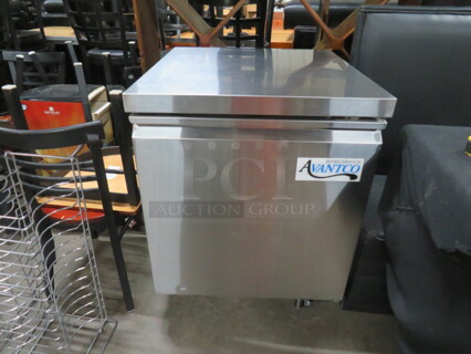 One 1 Door Avantco Work top Freezer With 1 Shelf. 115 Volt. Model# SS-UC-27F-HC-27F. 27X29.5X35.5
