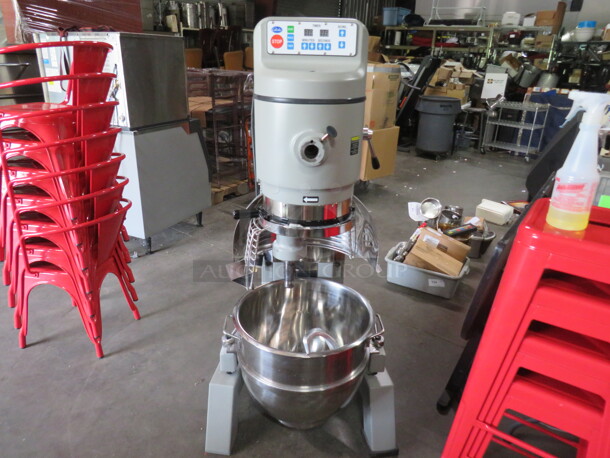 One AWESOME GLOBE 60 Quart Planetary Floor Mixer With Guard, Bowl And Hook. THIS MIXER IS NICE!!!!! Model# SP62P. 208 Volt 3 Phase. $18,784.00 - Image 1 of 8
