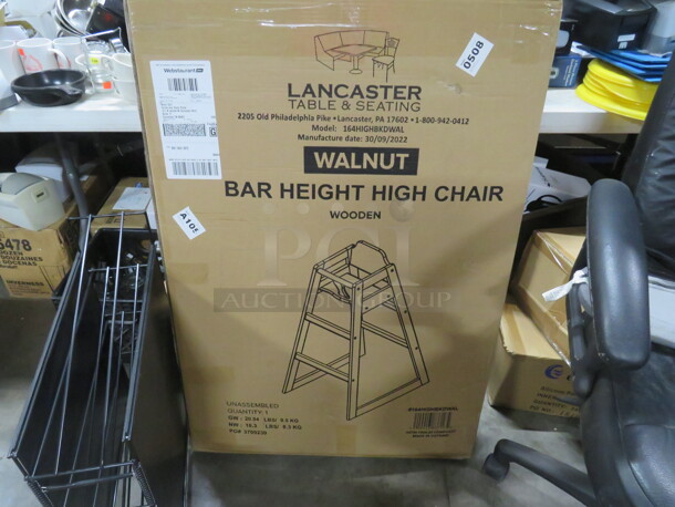 One NEW Walnut Bar Height High Chair. Assembly Required. - Image 1 of 1