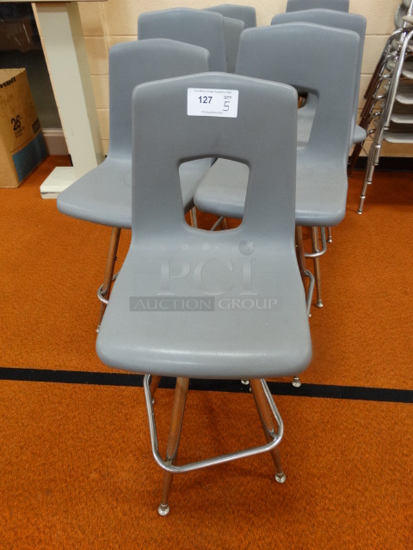 4 Gray Poly Chairs on Metal Legs. 16x16x39. 4 Times Your Bid! (Gym)