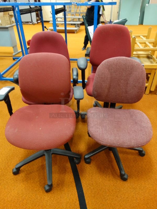 4 Various Maroon Office Chairs on Casters. Includes 25x22x36. 4 Times Your Bid! (Gym)