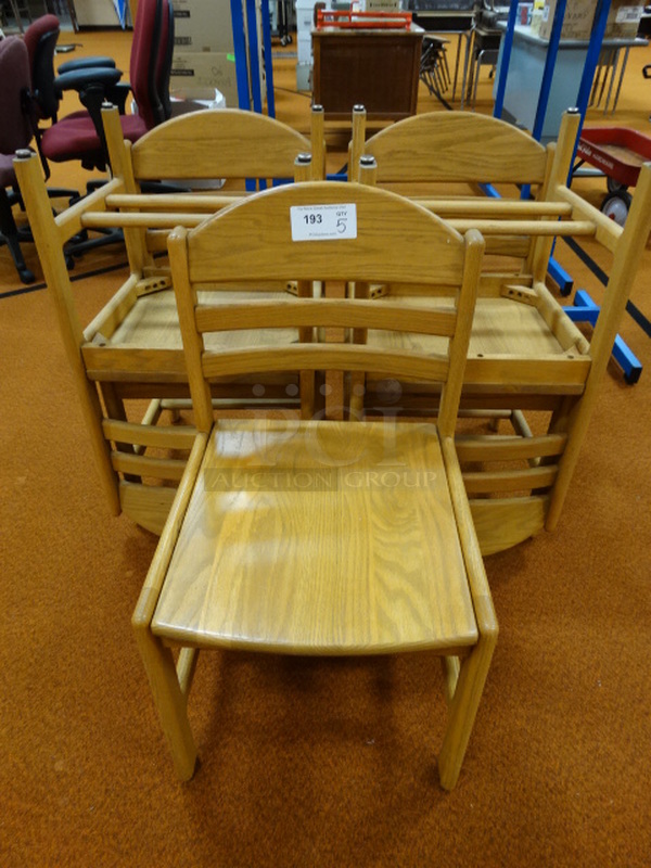 5 Wood Pattern Chairs. 19x20x33. 5 (Gym)