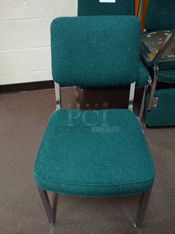 4 Green Chairs on Metal Legs. 17x22x31. 4 Times Your Bid! (Hallway By Gym)