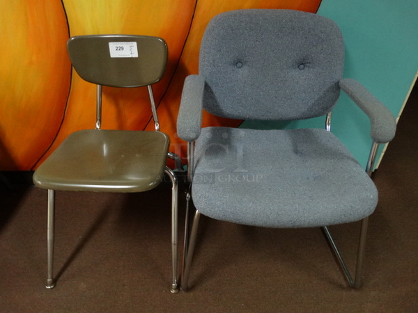 2 Chairs; Metal Brown Chair on Metal Legs and Blue Cushioned Chair w/ Arm Rests on Metal Legs. 19x22x30, 25x21x33. 2 Times Your Bid! (Hallway By Gym)