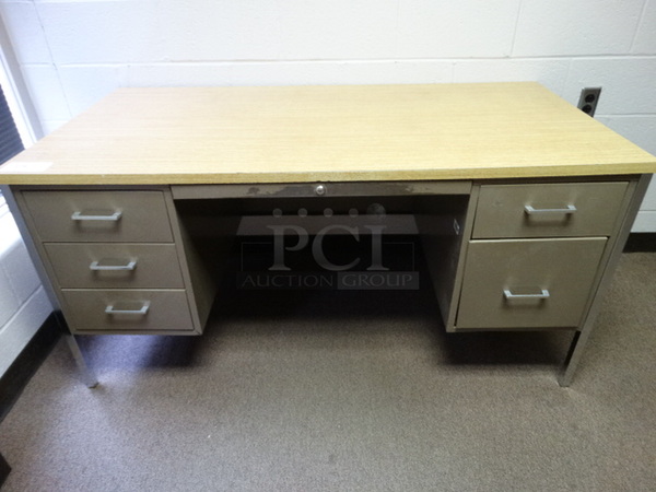 Metal Desk w/ Wood Pattern Desktop and 5 Drawers. 60x30x29. (Guidance Office)