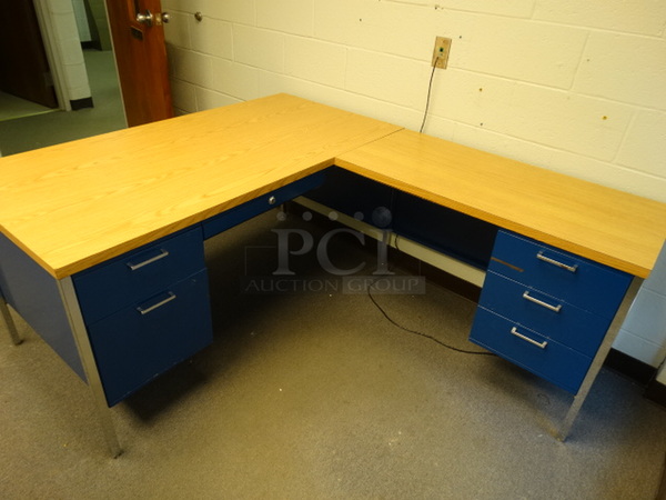 Blue Metal L Shaped Desk w/ Wood Pattern Desktop and 5 Drawers. 60x72x29. (Principal's Office)