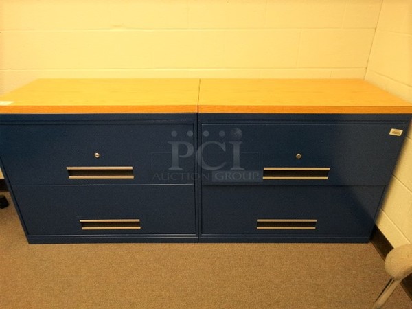 2 Blue Metal 2 Drawer Cabinets w/ Wood Pattern Countertop. 36x19.5x30. 2 Times Your Bid! (Principal's Office)