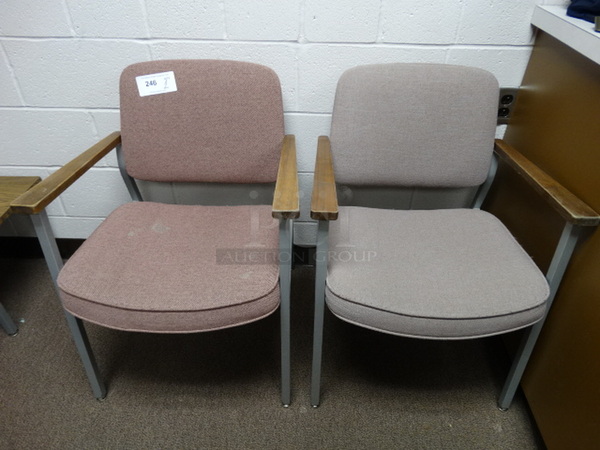 2 Pink Chairs w/ Arm Rests on Metal Legs. 23x21x30. 2 Times Your Bid! (Main School Office)