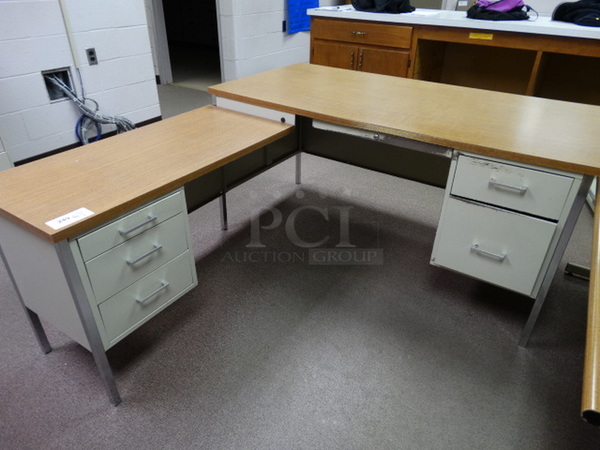 Tan Metal L Shaped Desk w/ Wood Pattern Desktop and 5 Drawers. 60x70x29. (Main School Office)