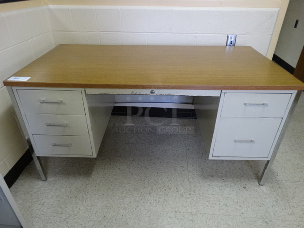 Tan Metal Desk w/ Wood Pattern Countertop and 5 Drawers. 60x30x29. (Nurse's Suite)