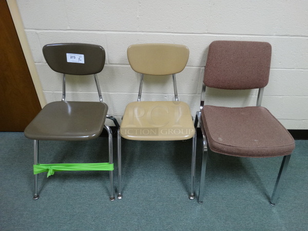 3 Various Chairs; Brown Metal, Tan Metal and Pink Cushioned. Includes 19x22x30. 3 Times Your Bid! (Speech Room)