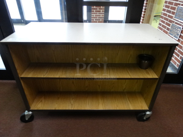 Wood Pattern Portable Bookshelf Cart on Commercial Casters. 48x22x34. (Lobby)
