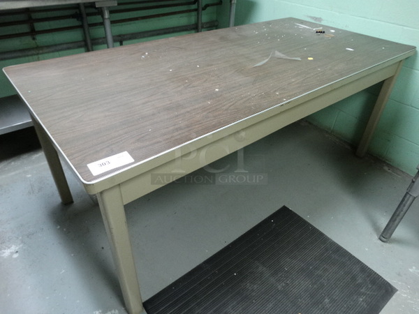 Metal Table w/ Wood Pattern Countertop. 72x34x29. (Downstairs Room 3)