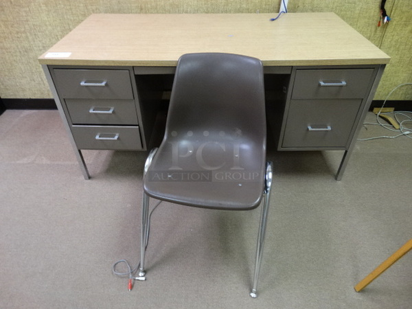 2 Items; Metal Desk w/ Wood Pattern Desktop and 5 Drawers and Brown Poly Chair on Metal Legs. 60x30x29, 21x25x30. 2 Times Your Bid! (Downstairs Room 9)