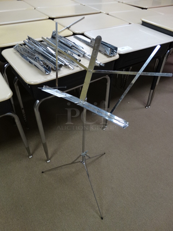 6 Chrome Finish Metal Music Sheet Music Stands w/ 2 Extra Top Pieces. 17x17x41. 6 Times Your Bid! (Downstairs Room 9)