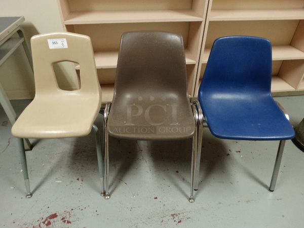 3 Poly Blue, Brown and Tan Chairs on Metal Legs. Includes 21x25x30. 3 Times Your Bid! (Downstairs Room 8)