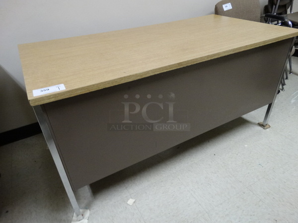 Metal Desk w/ Wood Pattern Desktop and 5 Drawers. 60x30x29. (Downstairs Room 6)