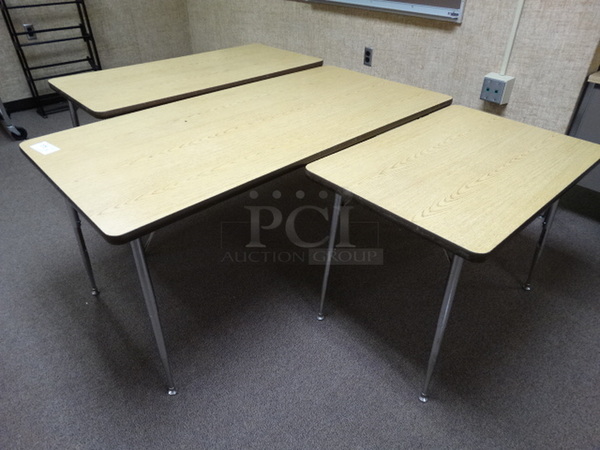 3 Wood Pattern Tables on Metal Legs. 36x24x28, 60x30x28, 48x24x28. 3 Times Your Bid! (Downstairs Room 5)