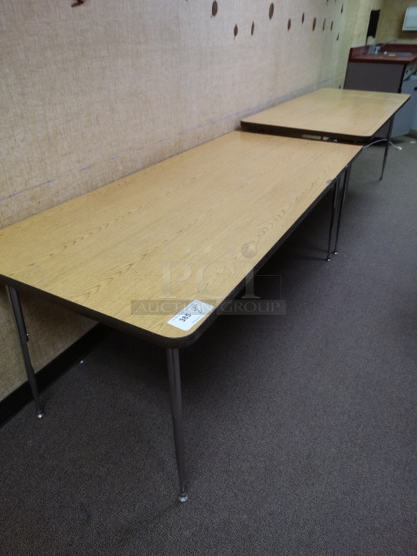 2 Wood Pattern Tables on Metal Legs. 72x30x29. 2 Times Your Bid! (Downstairs Room 1)