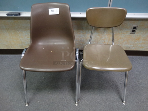 2 Brown Chairs; Poly on Metal Legs and Metal on Metal Legs. 18x22x30, 20x24x31. 2 Times Your Bid! (Room 101)