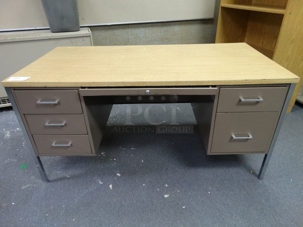 Brown Metal Desk w/ Wood Pattern Desktop and 5 Drawers. 60x30x30. (Room 101)