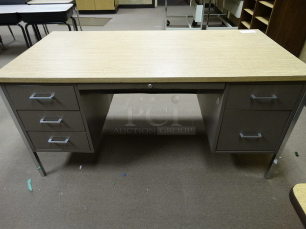 Metal Desk w/ Wood Pattern Desktop and 5 Drawers. 60x30x30. (Room 110)