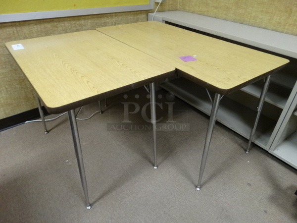 2 Wood Pattern Tables on Metal Legs. 36x24x28, 48x24x28. 2 Times Your Bid! (Room 110)