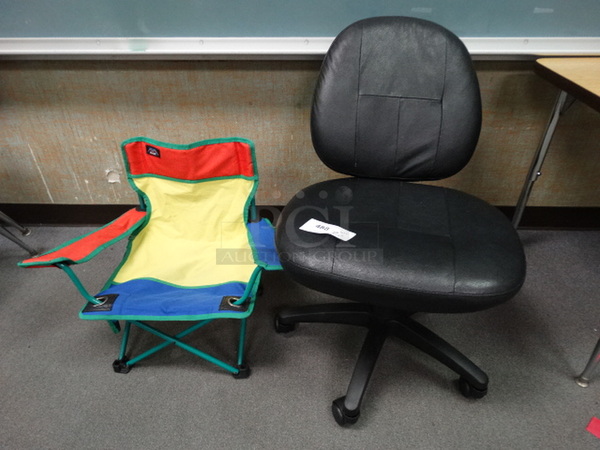 2 Various Chairs; Black Office on Casters and Fold Up Multi Color Chair. 20x19x28, 24x14x20. 2 Times Your Bid! (Room 105)