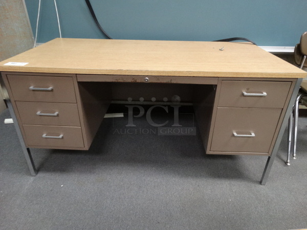 Brown Metal Desk w/ Wood Pattern Desktop and 5 Drawers. 60x30x30. (Room 105)