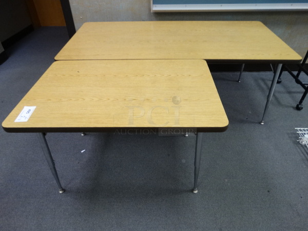 2 Wood Pattern Tables on Metal Legs. 36x24x22, 60x30x22. 2 Times Your Bid! (Room 105)