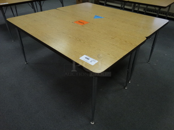 2 Wood Pattern Tables on Metal Legs. 48x24x22. 2 Times Your Bid! (Room 105)