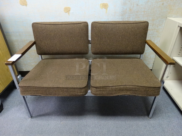 Brown Cushioned Two Person Chair w/ Arm Rests on Metal Legs. 46x23x30. (Room 105)