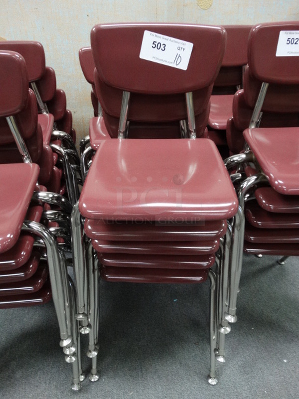 10 Maroon Metal Chairs on Metal Legs. 14x16x22. 10 Times Your Bid! (Room 105)