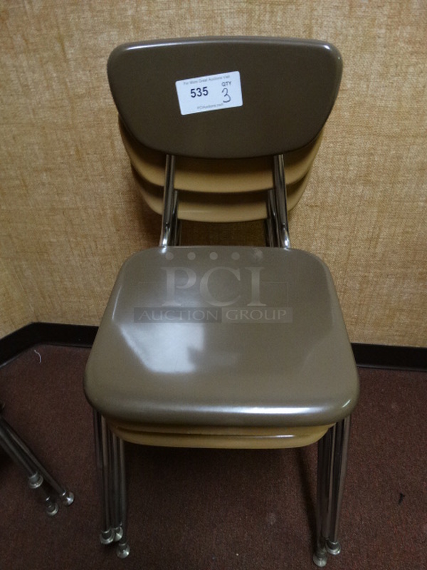 3 Metal Chairs on Metal Legs; 2 Tan and 1 Brown. 19x22x30. 3 Times Your Bid! (Upstairs Elevator Room)