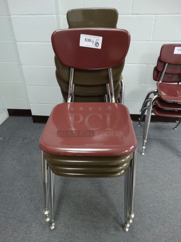 9 Metal Chairs on Metal Legs; 8 Brown and 1 Maroon. 19x22x30. 9 Times Your Bid! (Room 210)