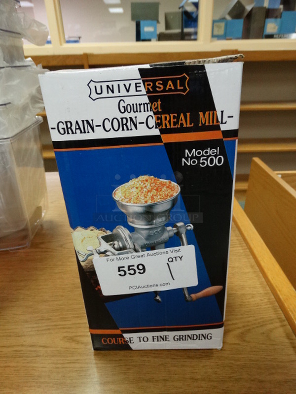 BRAND NEW IN BOX! Universal Metal Commercial Grain Corn Cereal Mill. 6x6x13. (Library)