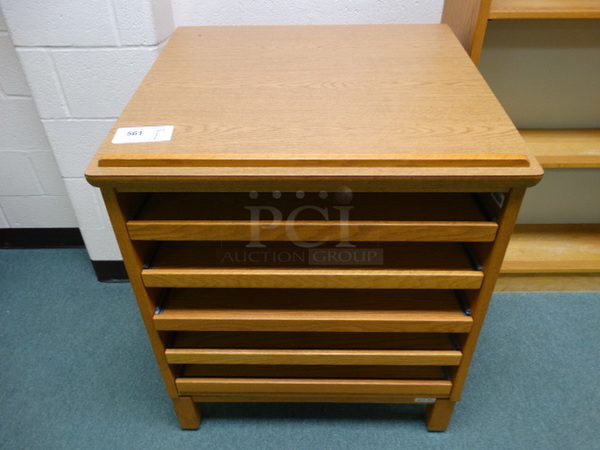Wood Pattern Table w/ Undershelves. 29x28x36. (Library)