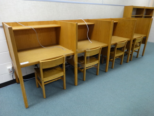 Wood Pattern 4 Cubicle Study Desk w/ 4 Chairs. 143x31x46. (Library)