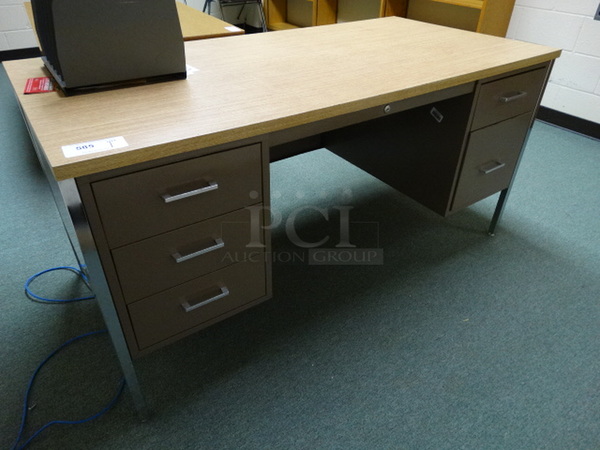 Metal Desk w/ Wood Pattern Desktop and 5 Drawers. 60x30x30. (Library: Back Left Room)