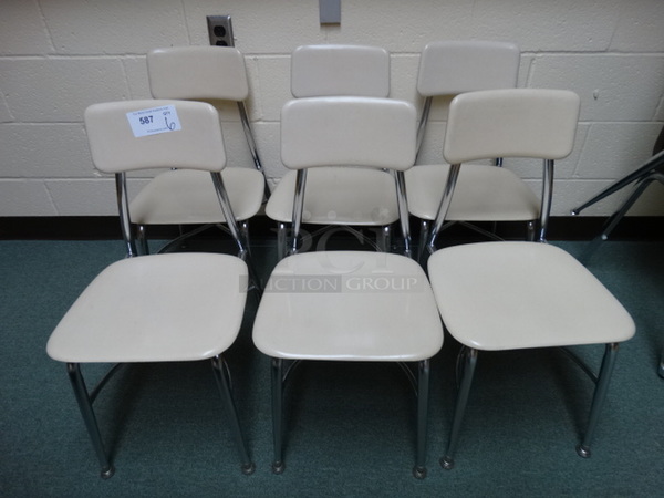 6 White Metal Chairs on Metal Legs. 15x16x28. 6 Times Your Bid! (Library: Back Left Room)