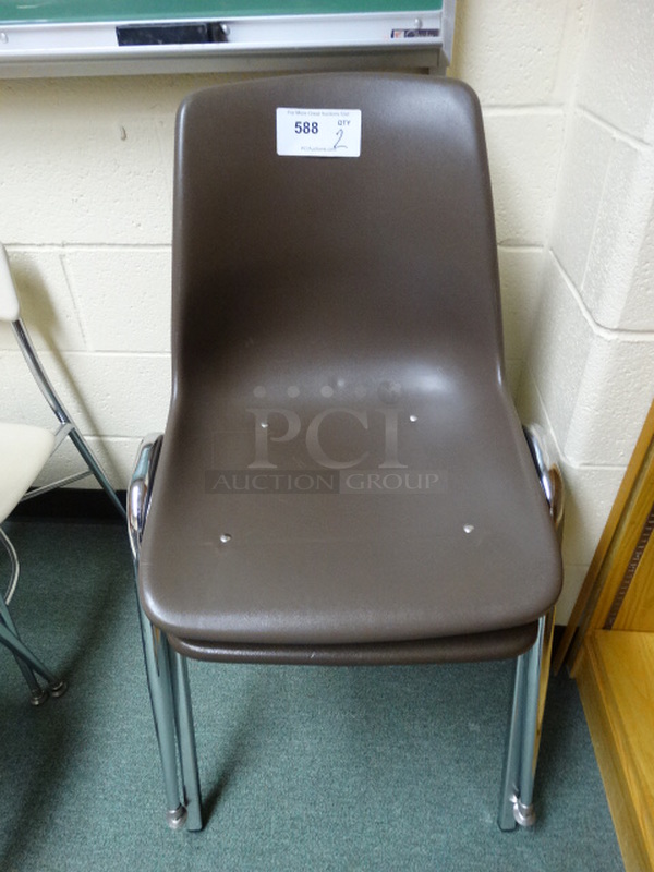 2 Brown Poly Chairs on Metal Legs. 20x20x33. 2 Times Your Bid! (Library: Back Left Room)