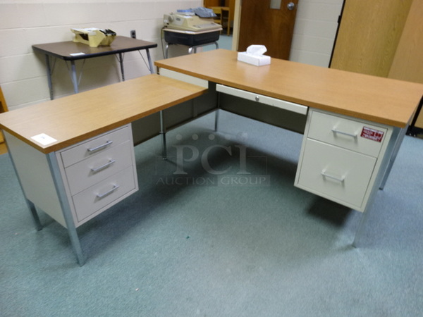 Tan Metal L Shaped Desk w/ Wood Pattern Desktop and 5 Drawers. 60x70x30. (Library: Back Right Room)