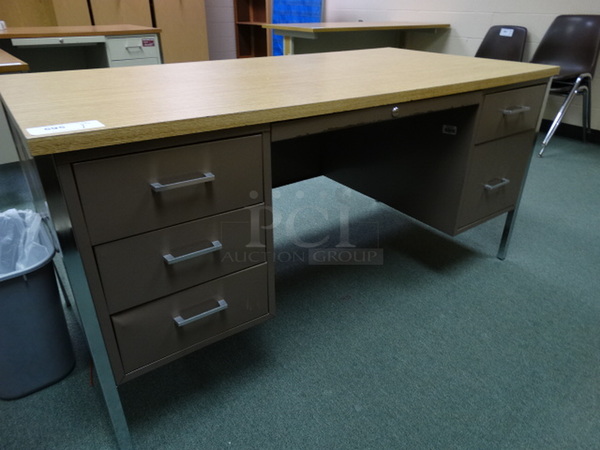 Metal Desk w/ Wood Pattern Desktop and 5 Drawers. 60x30x30. (Library: Back Right Room)