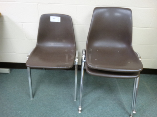 3 Brown Poly Chairs w/ Metal Legs. 21x21x32. 3 Times Your Bid! (Library: Back Right Room)