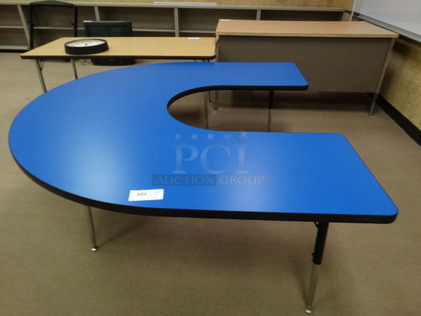 Blue U Shaped Table on Metal Legs. 66x60x23. (Room 201)