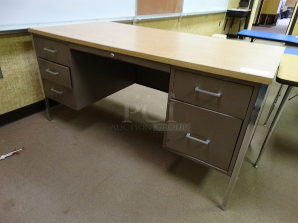 Metal Desk w/ Wood Pattern Desktop and 5 Drawers. 60x30x30. (Room 201)