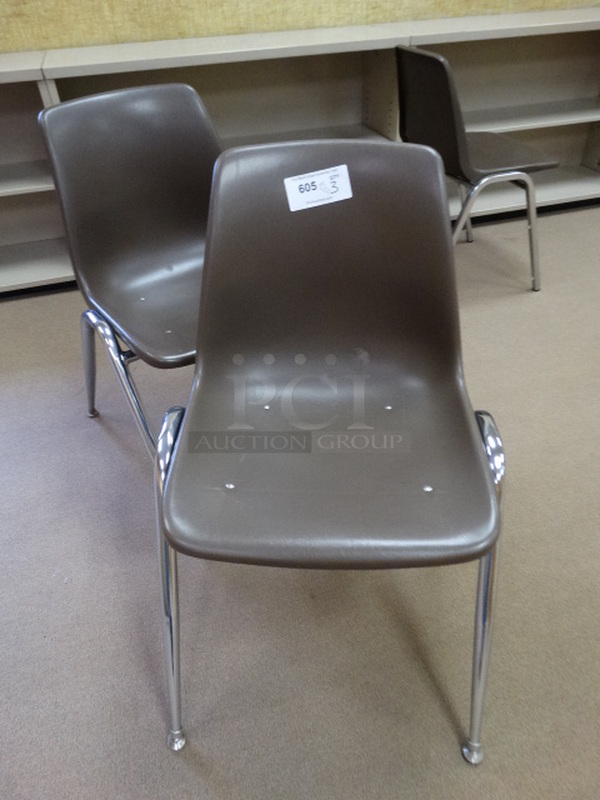 3 Brown Poly Chairs on Metal Legs. 20x25x32. 3 Times Your Bid! (Room 201)