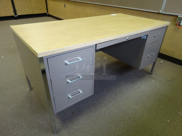Metal Desk w/ Wood Pattern Desktop and 5 Drawers. 60x30x30. (Room 203)