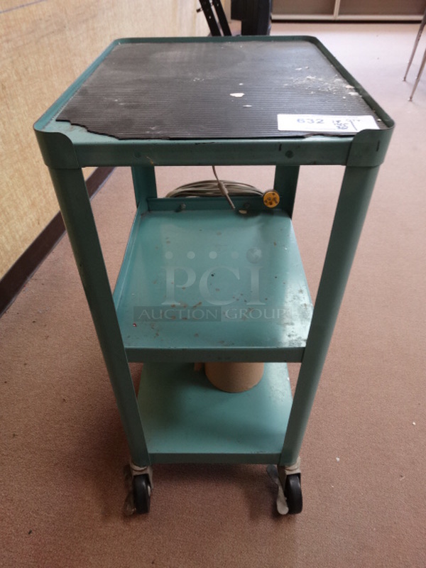 Teal Metal 3 Tier Cart on Commercial Casters. 18x14.5x32. (Room 204)